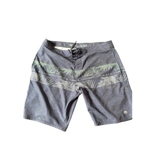Travis Mathew Mens Swim Trunks‎ Gray Palm Leaf Print Drawstring Board Shorts